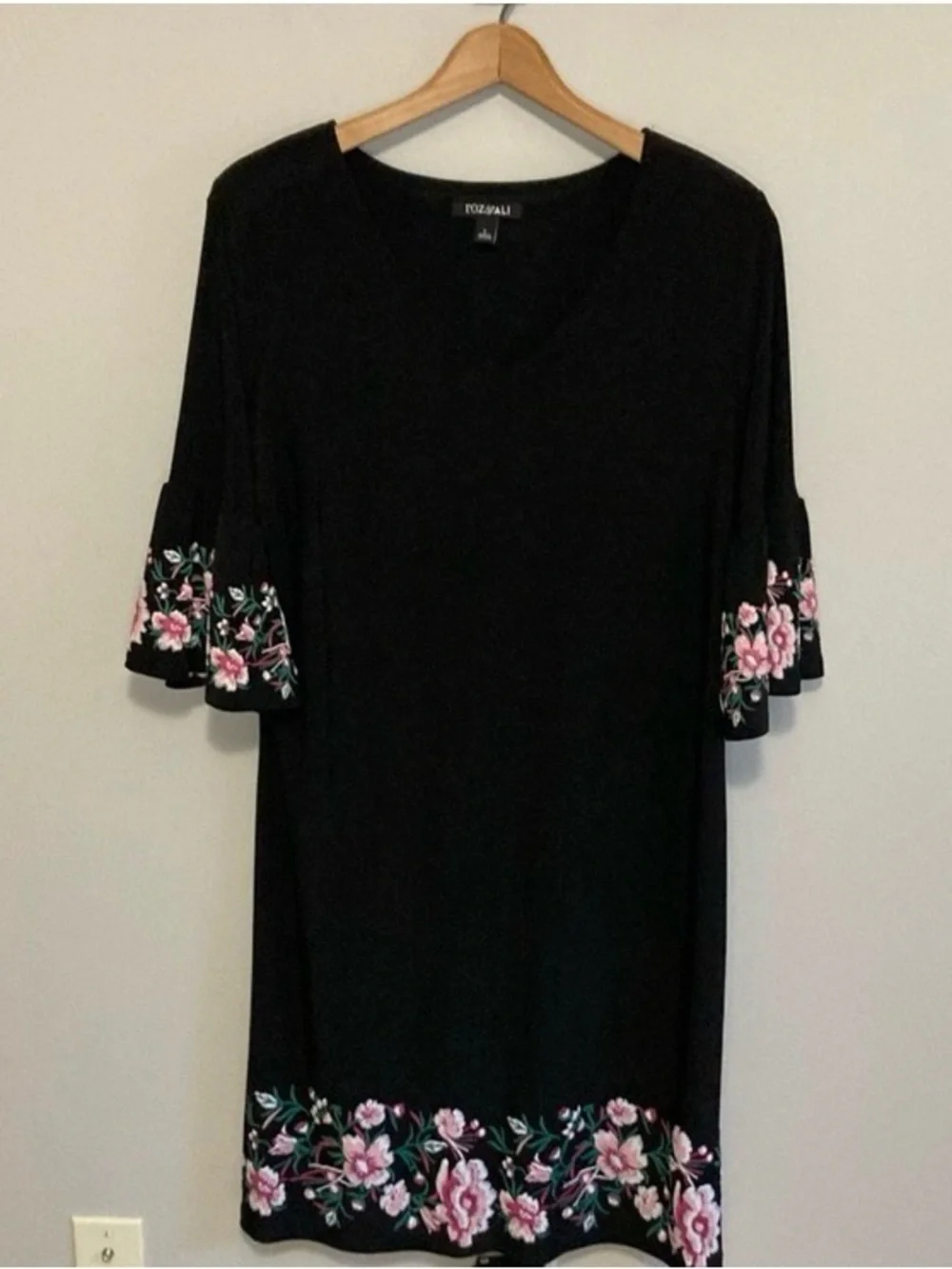 Roz & Ali Black Floral-Trim V-Neck Dress, Women’s Size Large, Pink Flowers - Picture 2 of 10